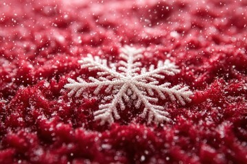Poster - White Snowflake on a Red Fuzzy Background with Snowfall