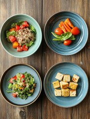 Aufkleber - Four vibrant plates filled with healthy plant-based dishes feature quinoa salad, fresh vegetables, and crispy tofu on a wooden table. Generative AI