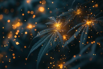 Poster - Cannabis Plant Leaves Glowing With Golden Lights