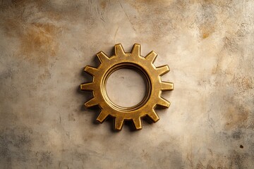 Aufkleber - The golden gear symbol is placed centrally on a textured, earthy background, symbolizing industry and craftsmanship. Generative AI