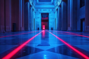 Poster - Red laser beams intersect across a grand hall, enhanced by blue lighting that highlights the stunning architectural features in the evening. Generative AI