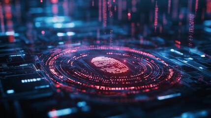 Poster - A computer screen shows a red and blue image of a fingerprint