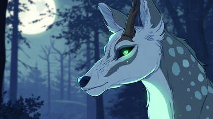 Aufkleber - A mystical deer with glowing green eyes in a moonlit forest setting.