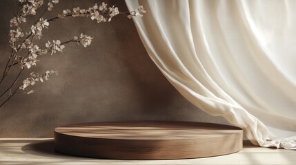 Poster - A wooden pedestal with a curtain draped over it