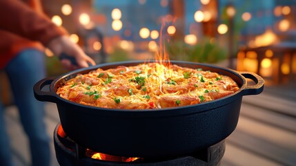 Poster - Flaming Cheese Pasta Bake Outdoor Cooking Cast Iron Skillet