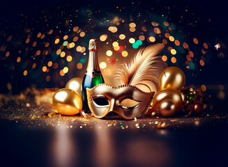 Aufkleber - A gold masquerade mask, a bottle of champagne, and gold balloons sit on a dark background with bokeh lights in the background.