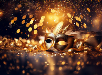 Aufkleber - A golden masquerade mask with feathers and ribbon sits on a bed of glitter with a festive, out-of-focus background.