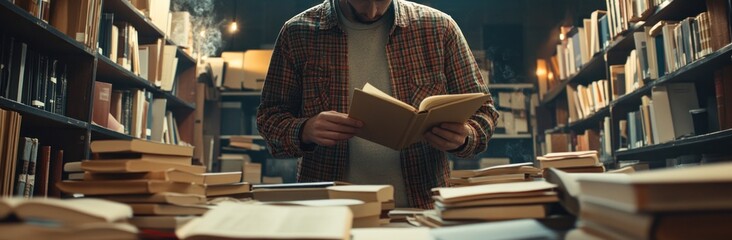 Aufkleber - A person reading a book in a cozy library filled with stacked books.