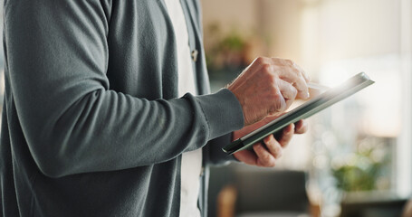 Poster - Hands, tablet and businessman for software, web design and digital transformation in company. Male person, technology and office for online navigation, layout and user experience for branding project