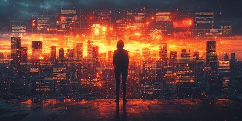 Aufkleber - A solitary figure stands against a glowing, futuristic cityscape.