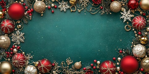 Sticker - Festive Holiday Decorations With Red and Gold Ornaments Arranged Around a Teal Background, Creating a Warm and Inviting Atmosphere for Seasonal Celebrations