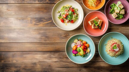 Poster - Colorful plates of plant-based meals including quinoa salad, tofu, and assorted vegetables arranged beautifully on a wooden table. Generative AI