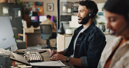 Poster - Happy man, consultant or tech support with headphones at call center for web navigation or technical service. Male person, agent or employee talking on computer for online advice or customer care