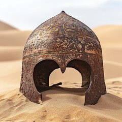 An ancient, rusted helmet lies abandoned in the desert sand.