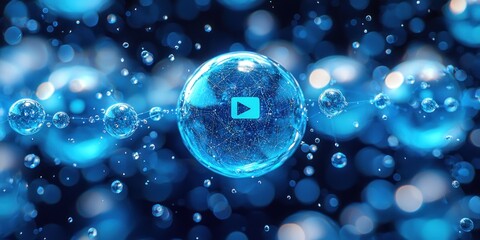 Poster - A Play Button Inside A Blue Water Drop Connected to Other Drops