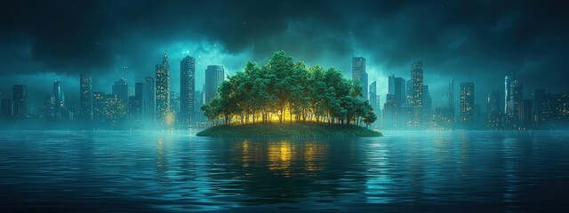Poster - A Small Island of Trees Stands Out Against a City Skyline at Night