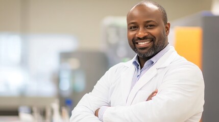 Poster - A smiling man in a lab coat stands confidently in a laboratory setting.
