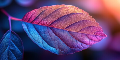 Poster - Close-up of a vibrant pink and blue leaf with intricate veins