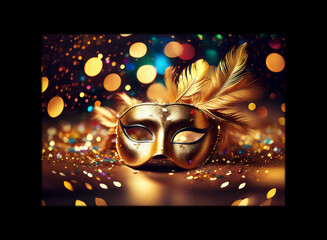 Aufkleber - A golden masquerade mask with feathers lies on a bed of glitter against a backdrop of blurred lights.