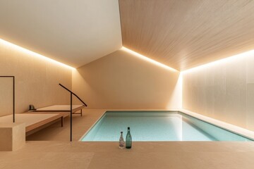 Poster - A serene indoor pool area with minimalist design and soft lighting.