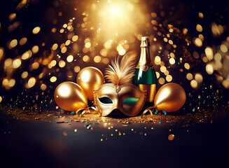 Aufkleber - A golden masquerade mask rests next to a bottle of champagne and balloons, all set against a sparkly backdrop.
