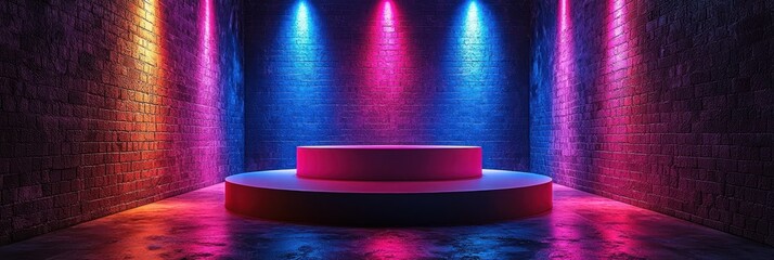 Aufkleber - neon lit brick wall with two circular platforms