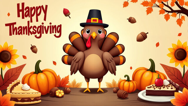 Festive Thanksgiving Celebration Featuring Autumn Harvest, Pilgrim Turkey, Delicious Treats, and Vibrant Holiday Decorations