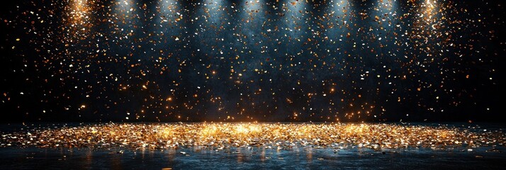 Fototapete - Golden Confetti Falling on Dark Surface with Spotlights