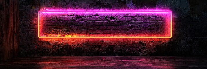 Aufkleber - Glowing Neon Frame on Dark Brick Wall with Wood Floor