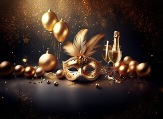 Poster - A golden masquerade mask sits amongst golden balloons, champagne flutes, and ornaments on a dark background with sparkling lights.