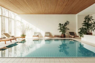 Poster - A serene indoor swimming pool area with natural light and greenery.