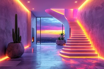 Poster - Modern Interior Design with a Staircase Illuminated by Neon Lights
