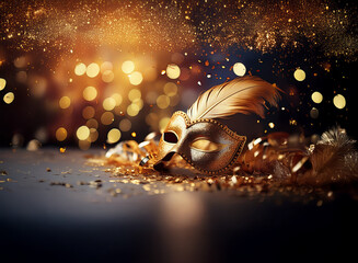 Aufkleber - A golden masquerade mask rests on a dark surface with scattered gold confetti and feathers against a sparkling bokeh background.