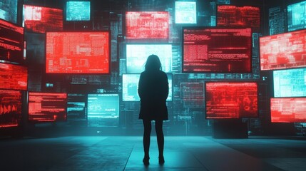 Poster - Silhouette of a Person in Front of Digital Screens Displaying Red and Blue Data Visualizations in a Dark Room, Representing Technology and Data Analysis Concepts