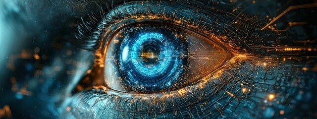 Poster - A Close-Up of a Human Eye with a Futuristic Circuitry Design