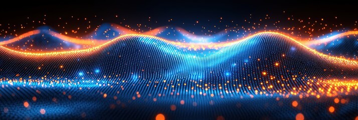 Poster - Abstract Blue and Orange Illuminated Wavy Surface with Glowing Particles