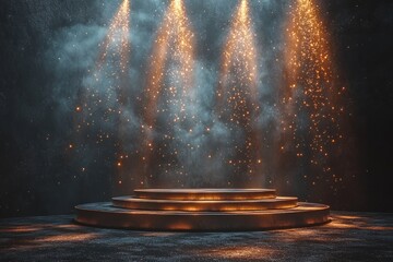 Poster - Golden Circular Platform Illuminated by Spotlights in a Dark Room