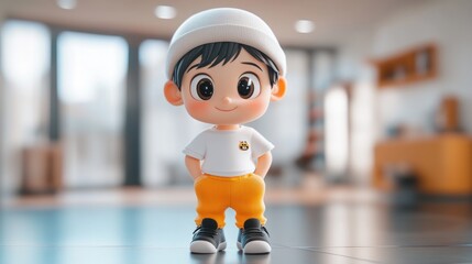Aufkleber - A cheerful cartoon character stands in a bright, modern interior, radiating playful charm.