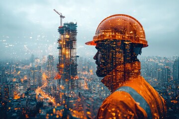 Poster - Construction Worker Silhouette Overlaid with Cityscape