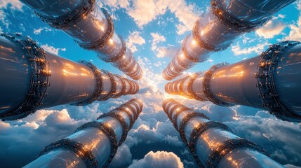 Aufkleber - Futuristic Metallic Structures Rising Through the Clouds