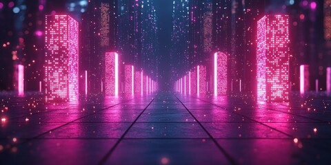 Fototapete - Glowing Pink Towers in a Futuristic Cityscape