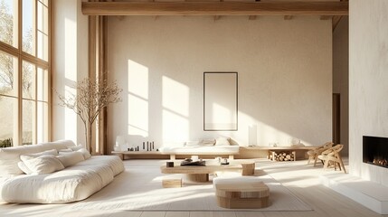 Poster - A bright and airy interior of a Nordic house, featuring minimalist decor, neutral colors, and natural light streaming in.