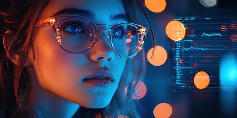 Poster - Woman in Glasses Looking Up with Neon Lights and Data Display Behind Her