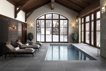 Poster - A serene indoor pool area with lounge chairs and large windows showcasing a snowy landscape.