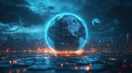 Poster - Digital Globe Hovering Above a Futuristic Cityscape