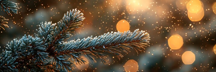 Poster - Frosty Pine Branch with Warm Bokeh Lights