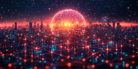 Poster - Futuristic Cityscape with Red Network Connections and Glowing Sphere