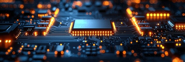 Aufkleber - Illuminated Microchip on a Circuit Board with Blurry Lights