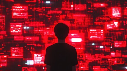 Poster - Individual Staring at a Digital Wall Illuminated with Red Graphics Representing Data and Technology, Reflecting Themes of Innovation and Modernity in a Futuristic Setting