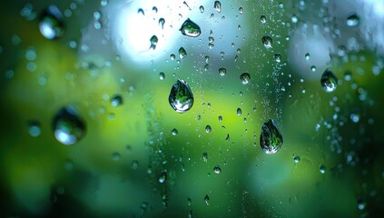 Poster - Water droplets on a window pane, blurred green background